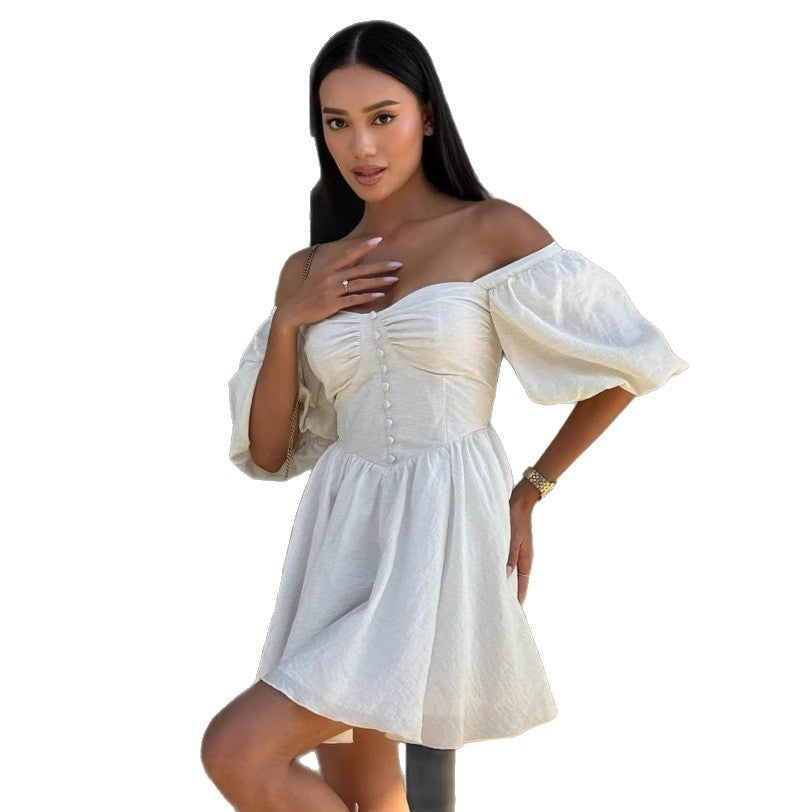 Damer Off-Shoulder Sommerkjole med Puffærmer og Knapdetaljer Stilla