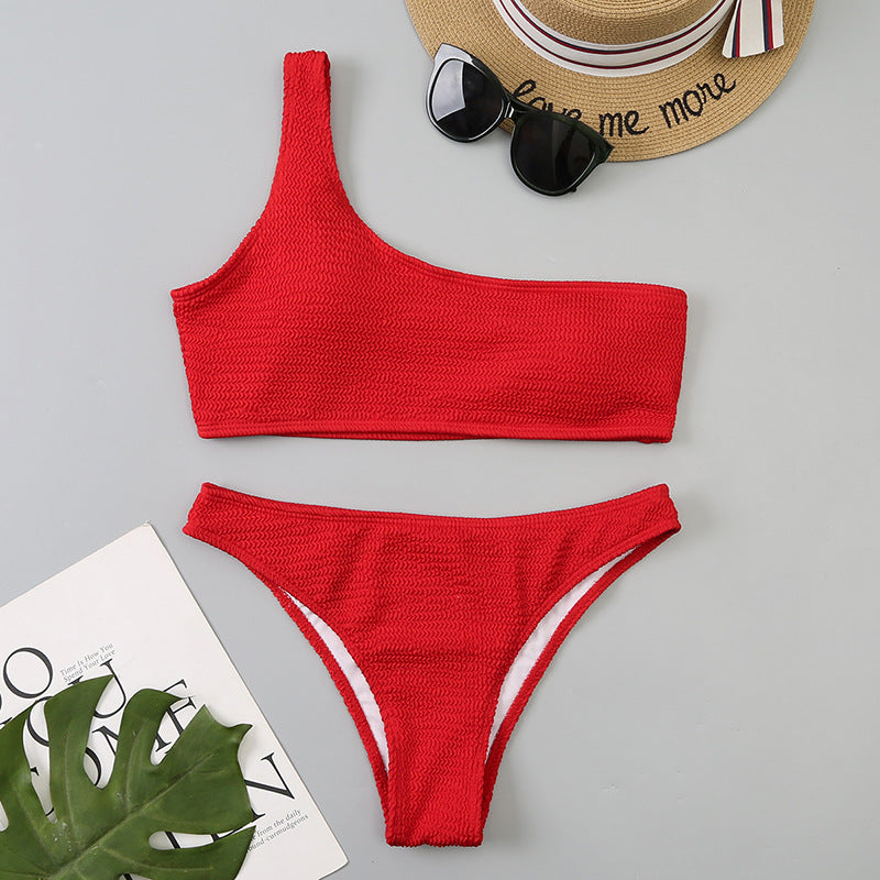 Femme Ribbetrik En-skulder Bikini Sæt Stilla
