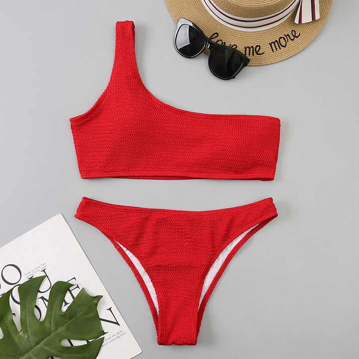 Femme Ribbetrik En-skulder Bikini Sæt Stilla