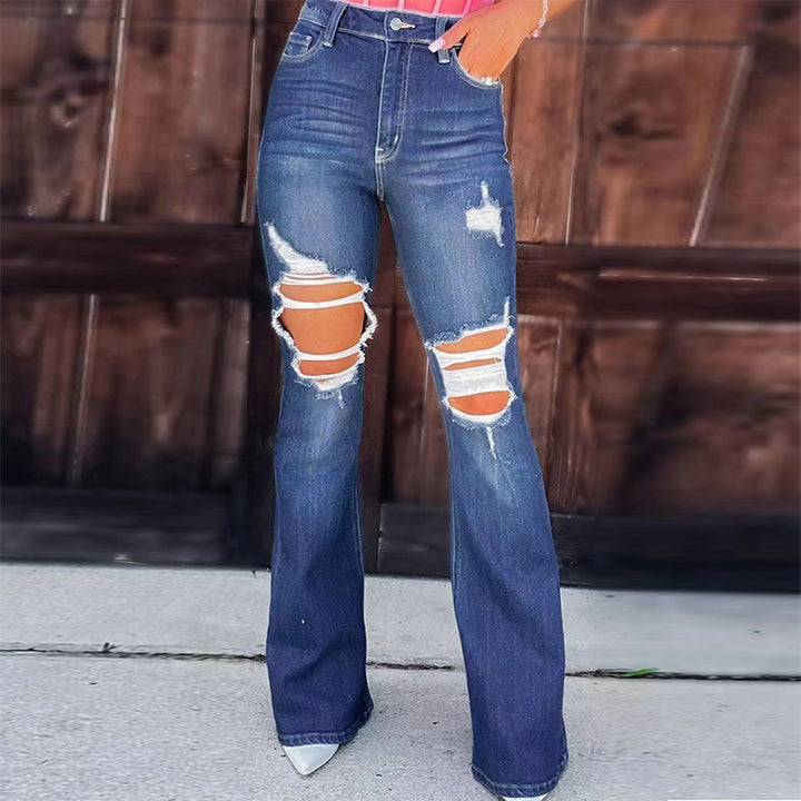 Dame udvidede jeans med fashionable beskadigede effekter og høj talje Skovae