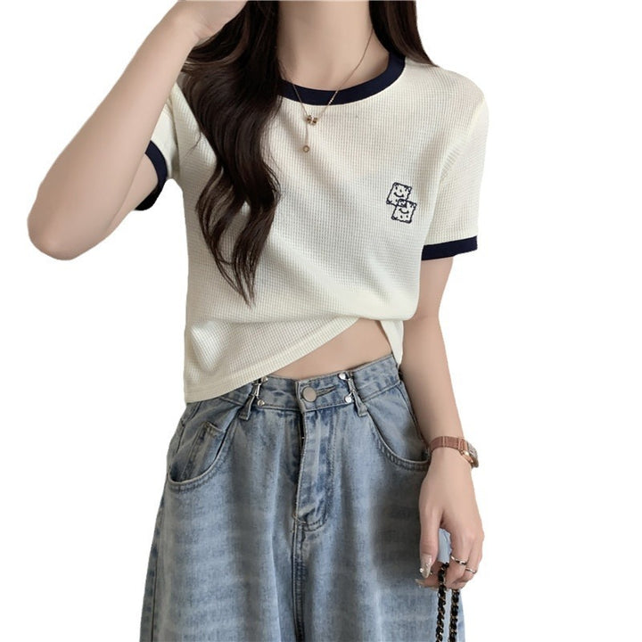 Femme Cropped Mesh Strik T-Shirt med kontrastbesætning Stilla