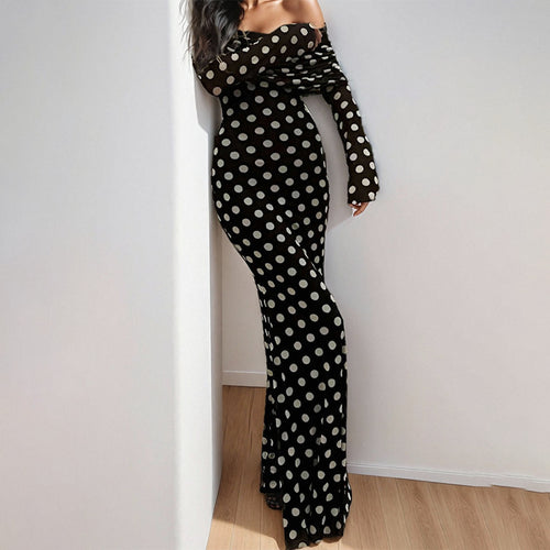 Damer Elegant Maxi Kjole med Off-Shoulder Design og Smart Pungeprik Mønster Stilla