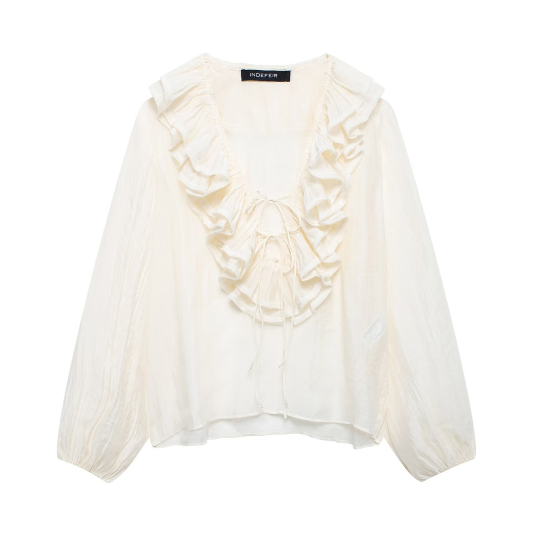 Femme Rynk Off-Shoulder Bluse med Snøre Detalje Stilla