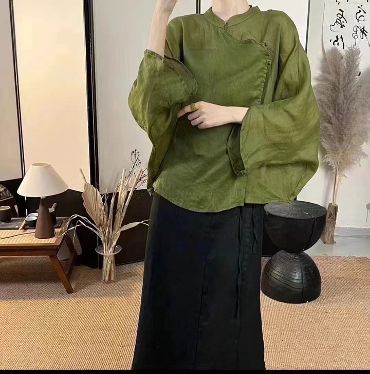 Femme Letvægts Button-Up Top med Mandarin-krave Stilla