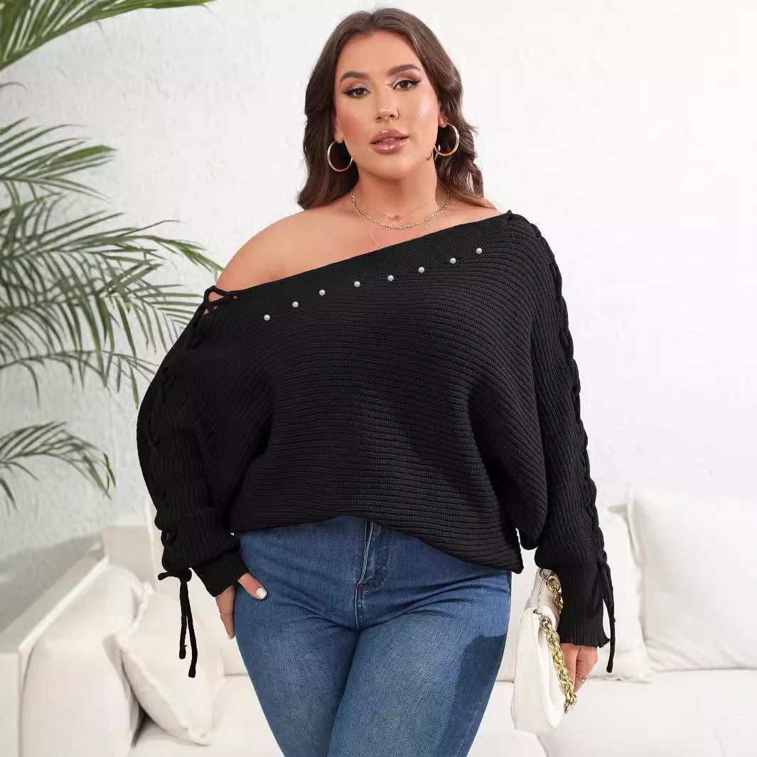 Dame afslappet oversized pullover med dekorativ perledetalje og snor Stilla