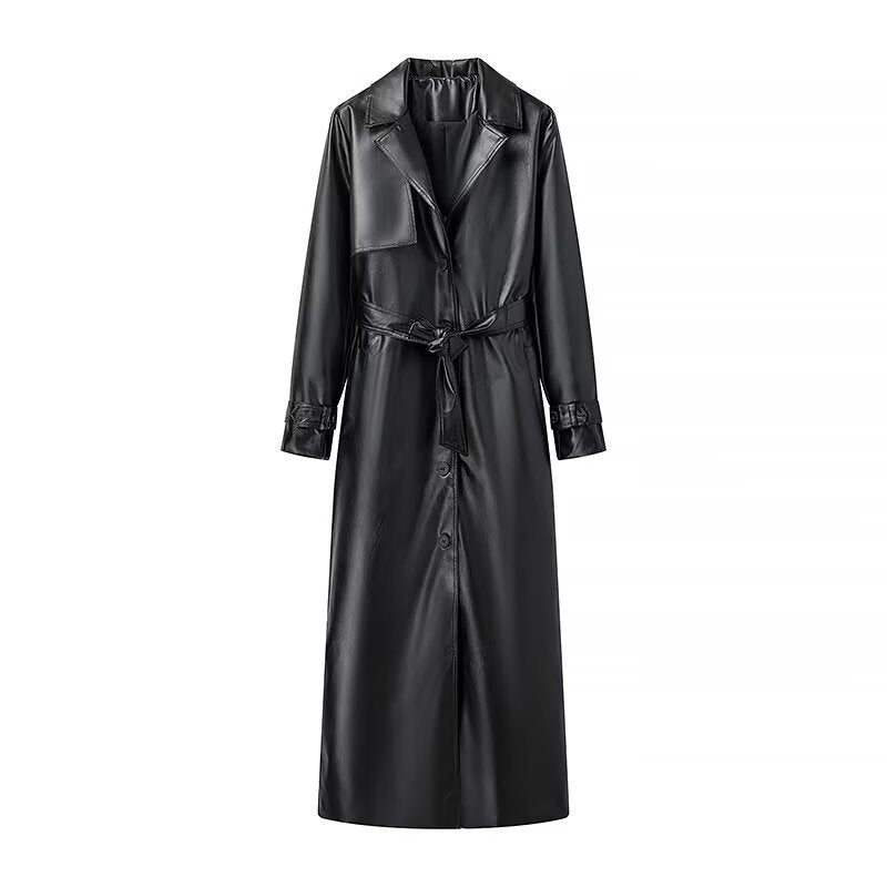 Dame elegant trenchcoat i kunstlæder med taljebælte Stilla
