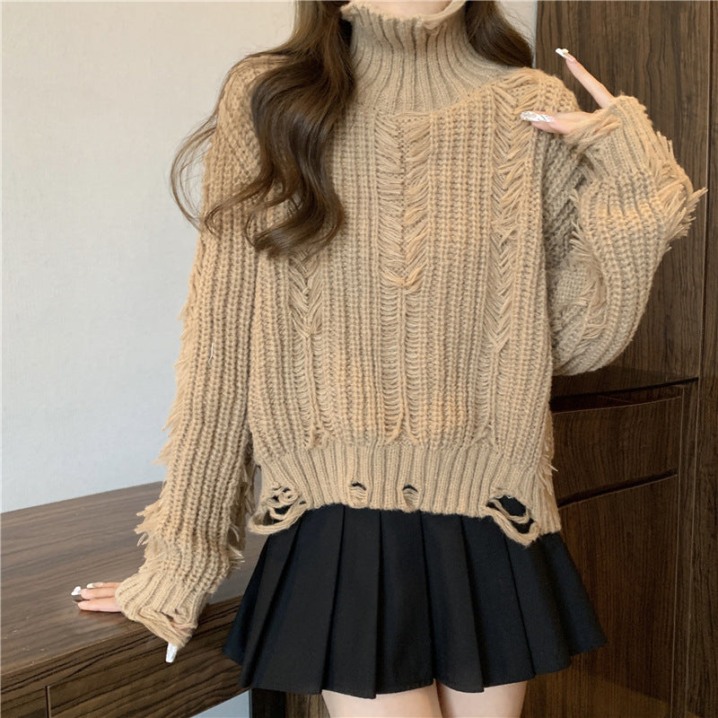 Femme Distressed Chunky Knit Rullekravepullover Stilla