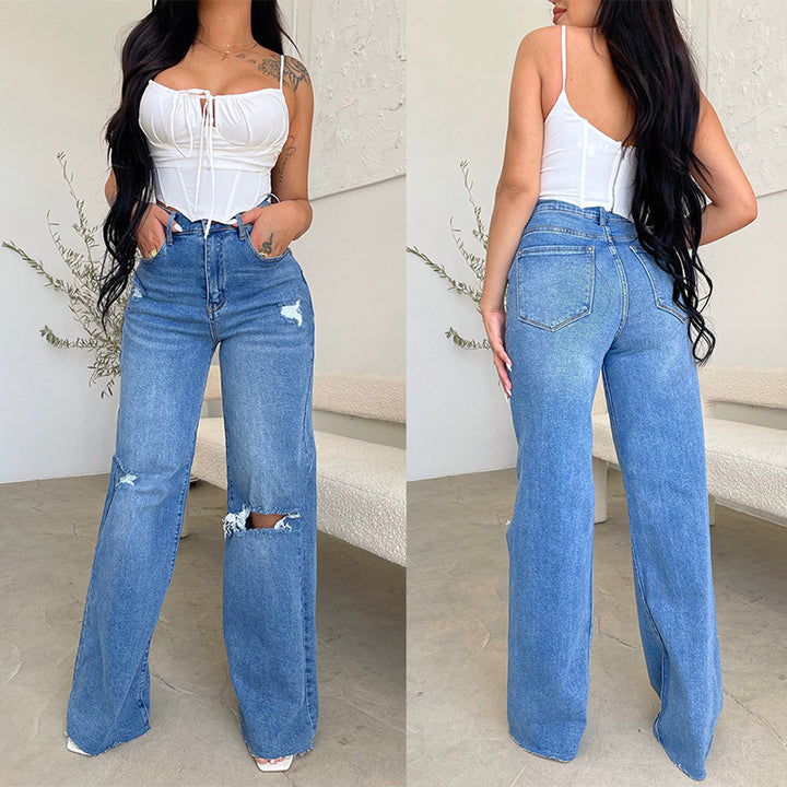 Dame Wide-Leg Jeans med høj talje og moderne revneffekter Stilla