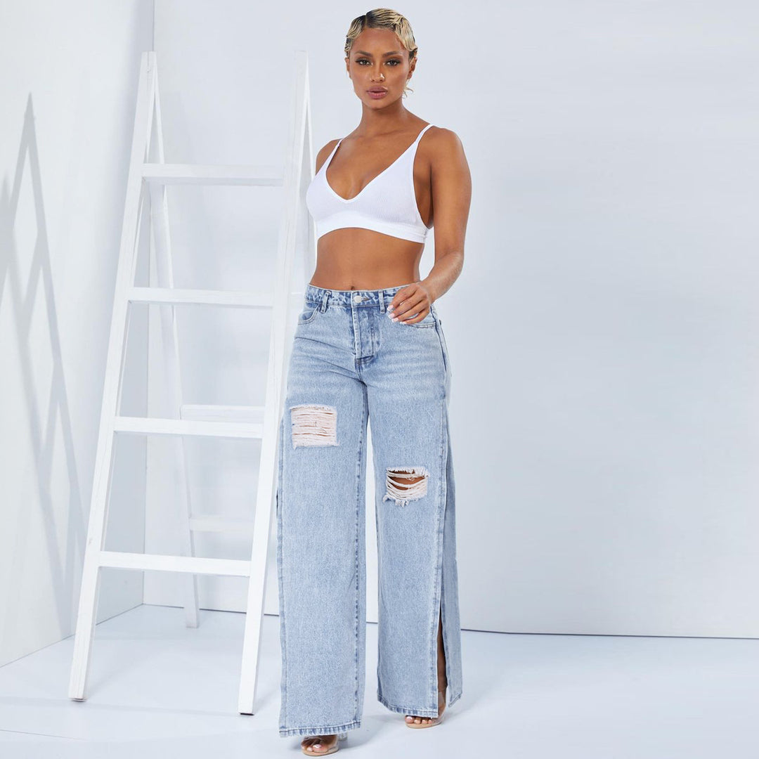 Dame bred jeans med moderigtige revnedetaljer og sidelæg Stilla