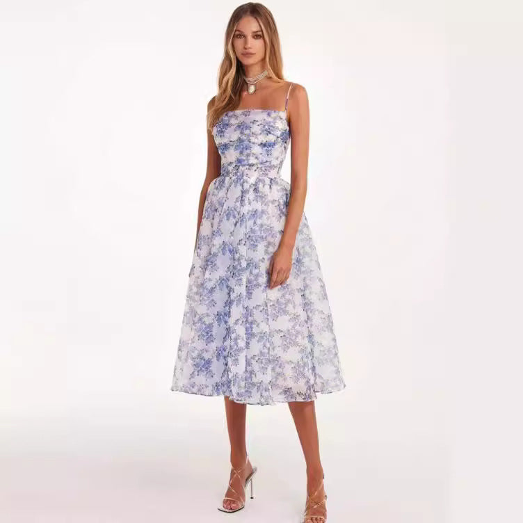 Dame midi-kjole med elegant chiffon og blomsterapplikationer Stilla