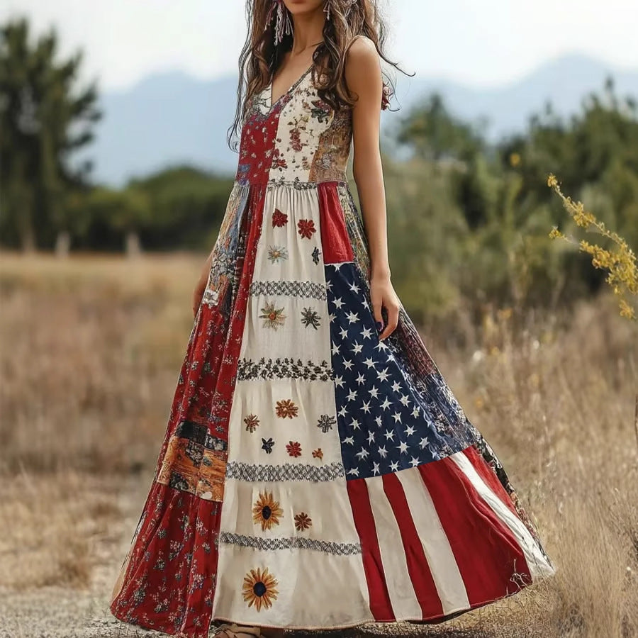 Dame Patchwork-Maxi kjole med bohemian Flair Stilla