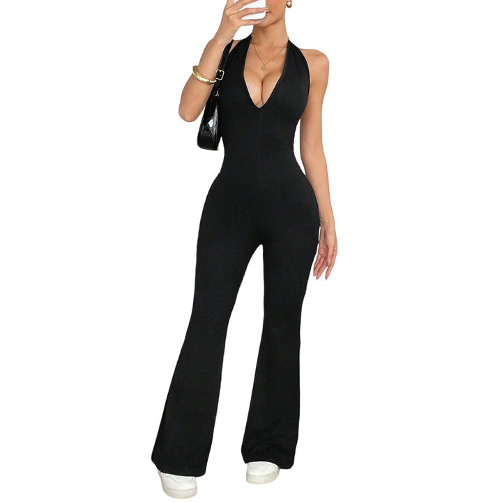 Kvinders jumpsuit med dyb V-hals og bredskåret ben Stilla