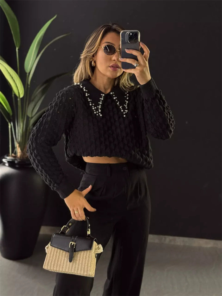Dame Grovstrikpullover med elegant knappeliste Stilla