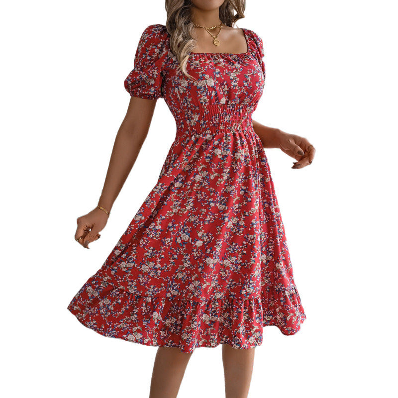 Dame Smocked Floral Print Midi Kjole med sidelæg Stilla