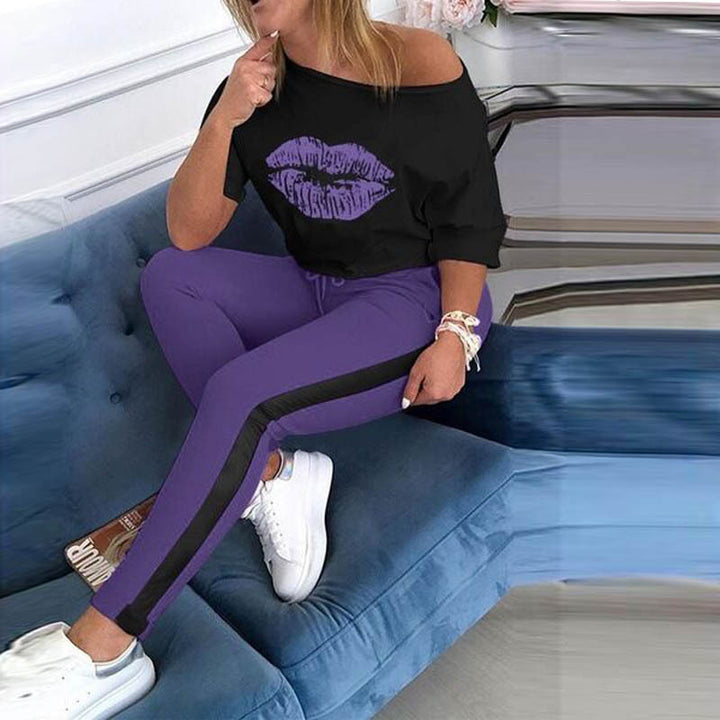 Dame Casual Grafik Læbe-tryk Top og Track Pant Sæt Stilla