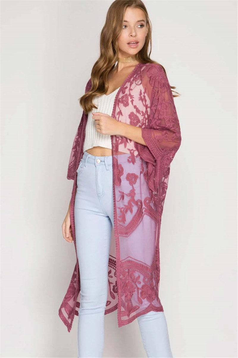 Dame Elegant Hækle-Kimono med florale Detaljer Stilla