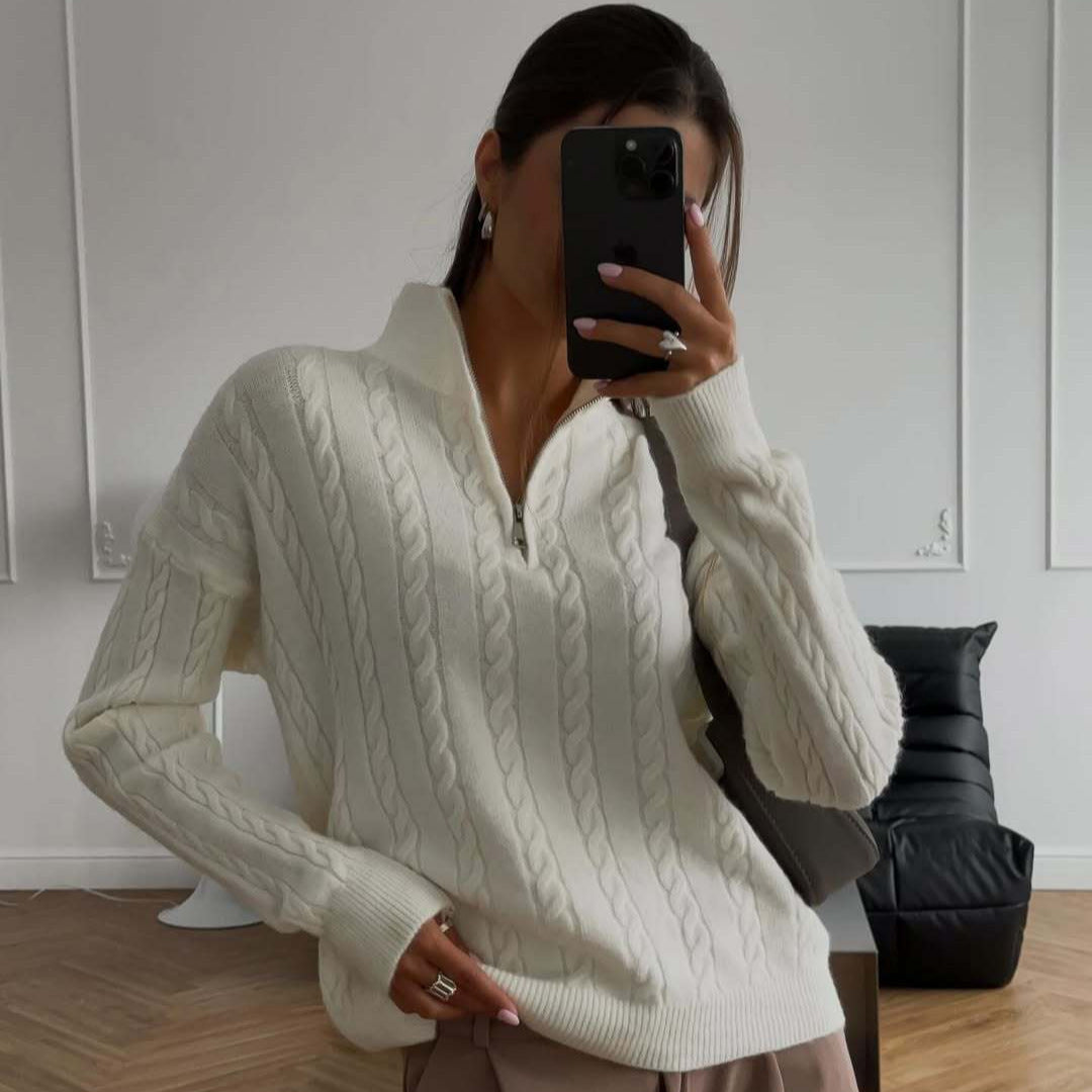 Dame moderigtig strikpullover med lynlås Stilla
