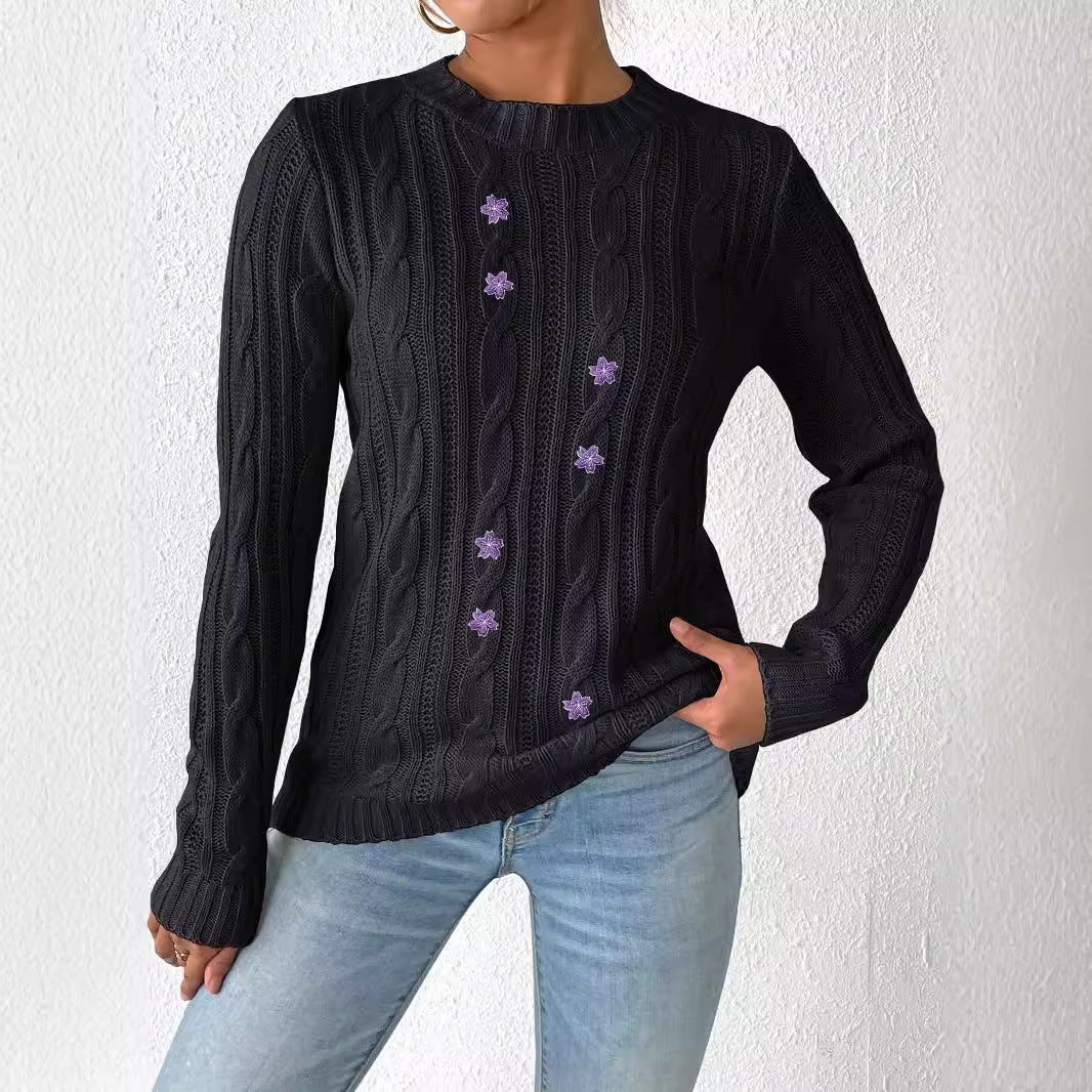 Damer Stor strikpullover med dekorative blomsterapplikationer Stilla