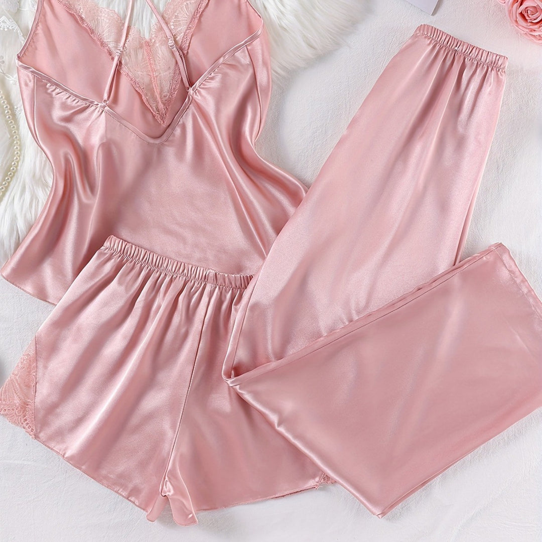 Femme Luksuriøs Satin-Cami- og Bukser-Sæt med Spidsdetaljer Stilla