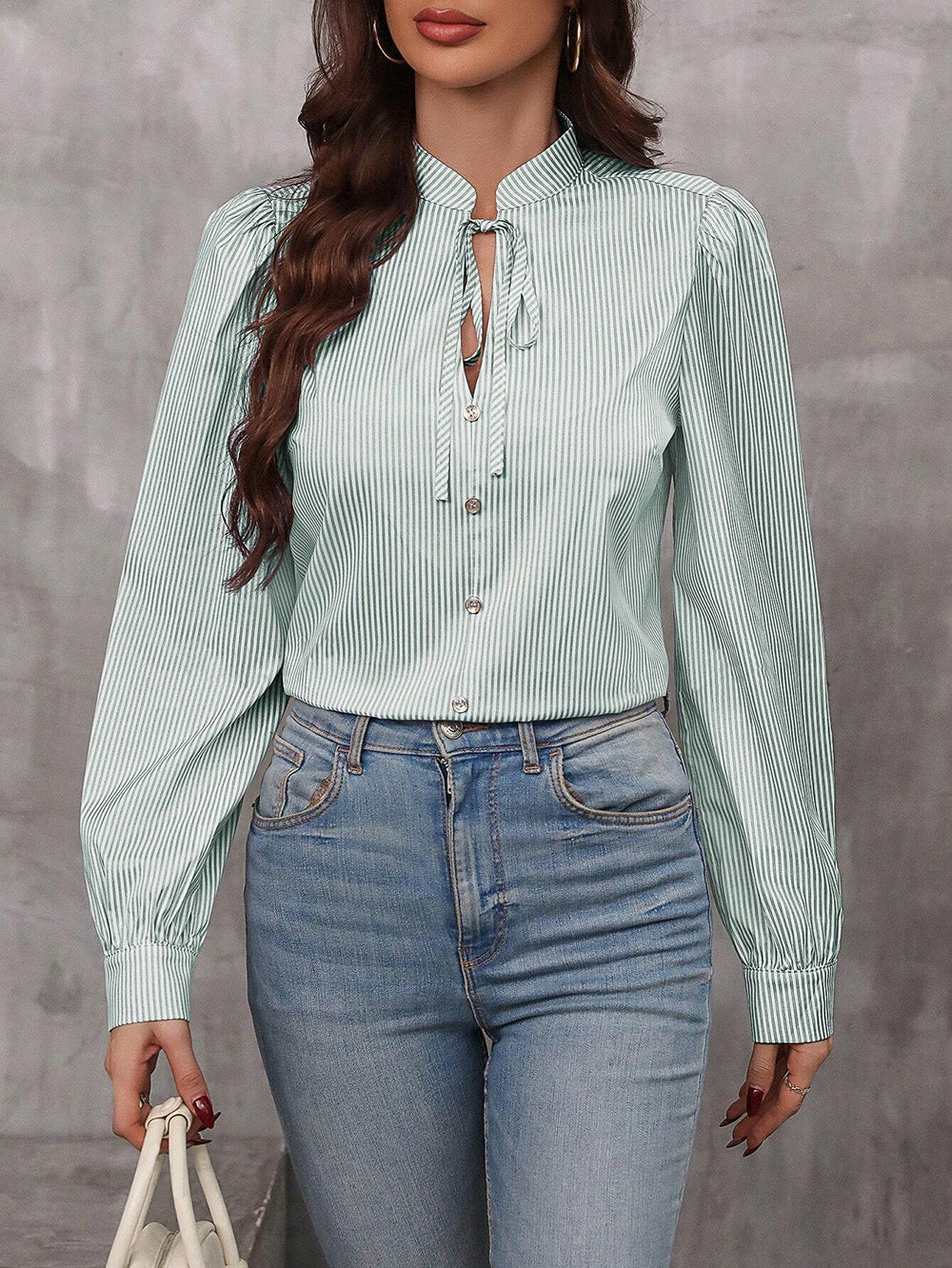 Damer stribet bluse top med krave Stilla
