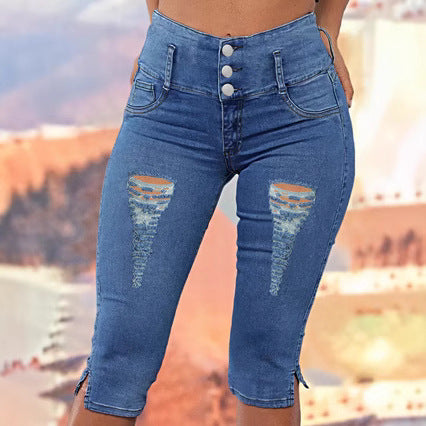 Dame Capri Jeans med højtaljet snit og modige riveskader Stilla