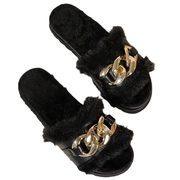 Dame slippers med luksuriøs kunstpels og moderne kæde accent Stilla
