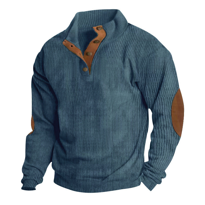 Herre nan grovstrikket sweater med ståkrave, knapliste og kunstlæderalbuepatches Skovae