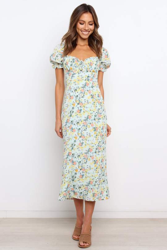 Dame Floral Midi Kjole med Puffærmedetalje Stilla