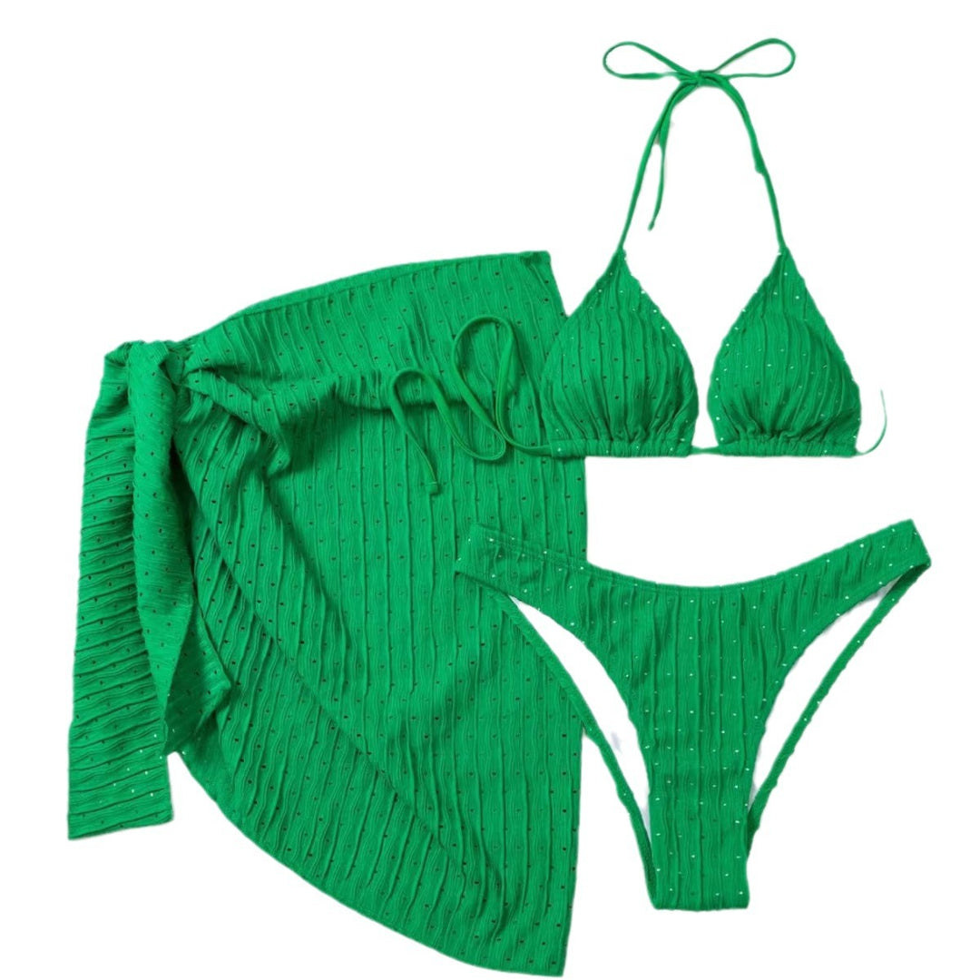 Kvinder Rynket Trekant Bikini Sæt med Sarong Indpakning Stilla