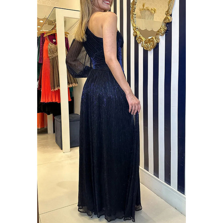 Dame Asymmetrisk Aftenkjole med skinnende Plissering og elegant Drapering Stiila