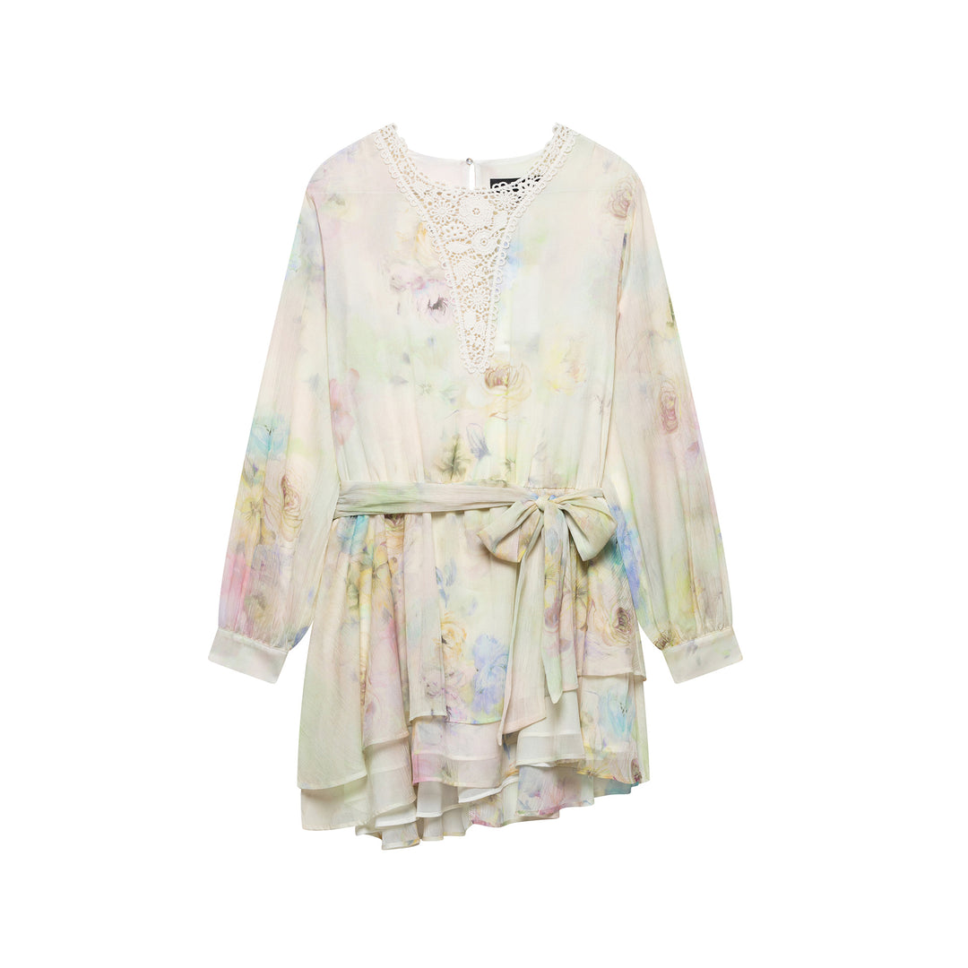 Femme Floral Print V-halskjole med blondebesætning Stilla