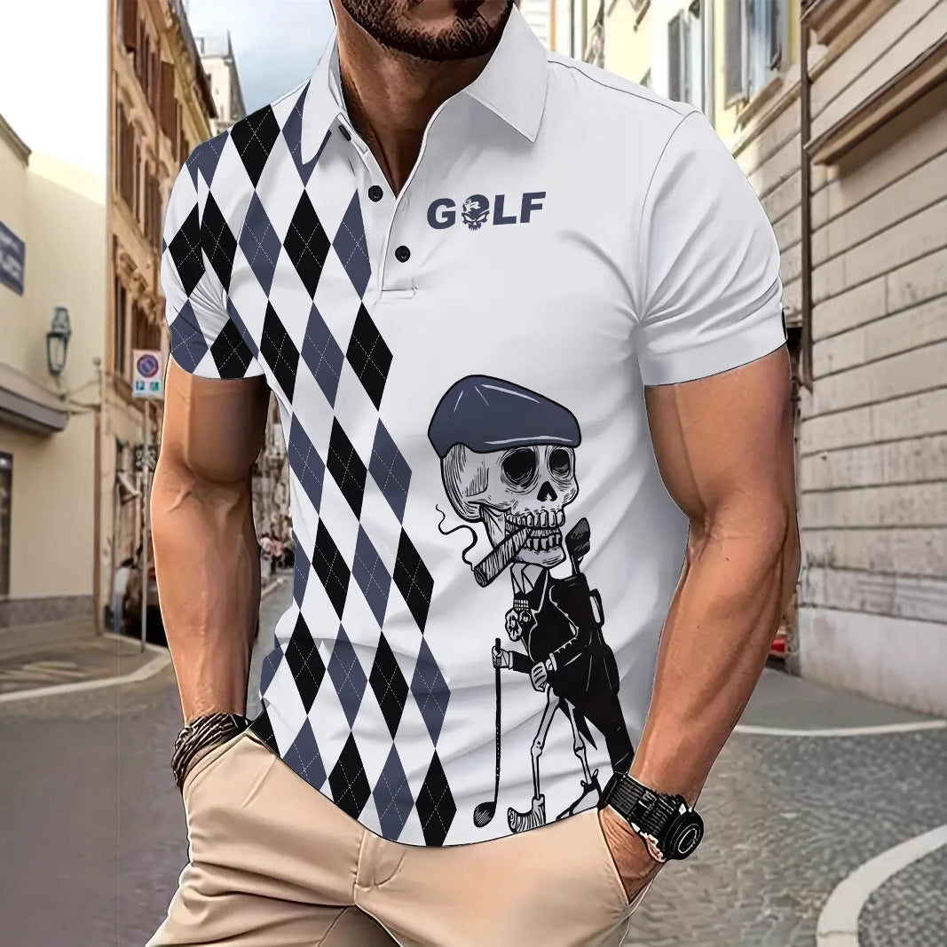 Herre Poloshirt med unikt Skull-Golf-motiv og moderne ternet mønster Stilla