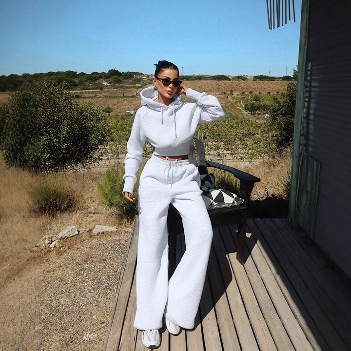 Kvindernes fashionable og komfortable cropped hoodie sæt med elastisk talje Skovae