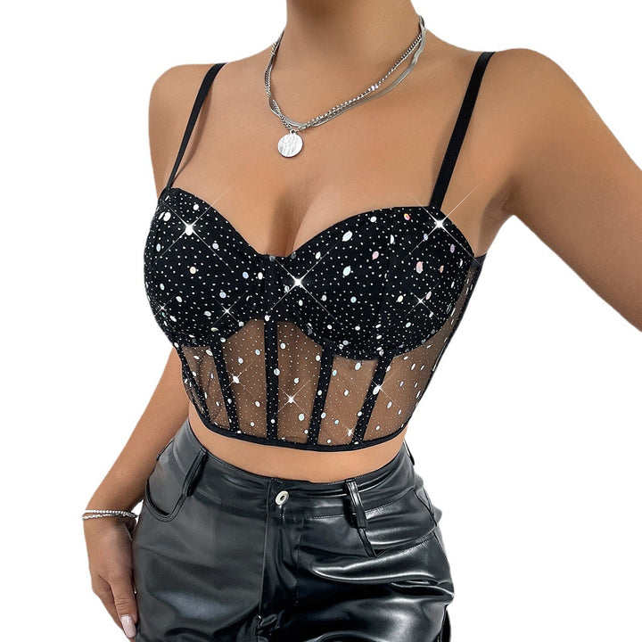 Dame Bustier-top med transparent mesh-indlæg og glimmersten Stilla