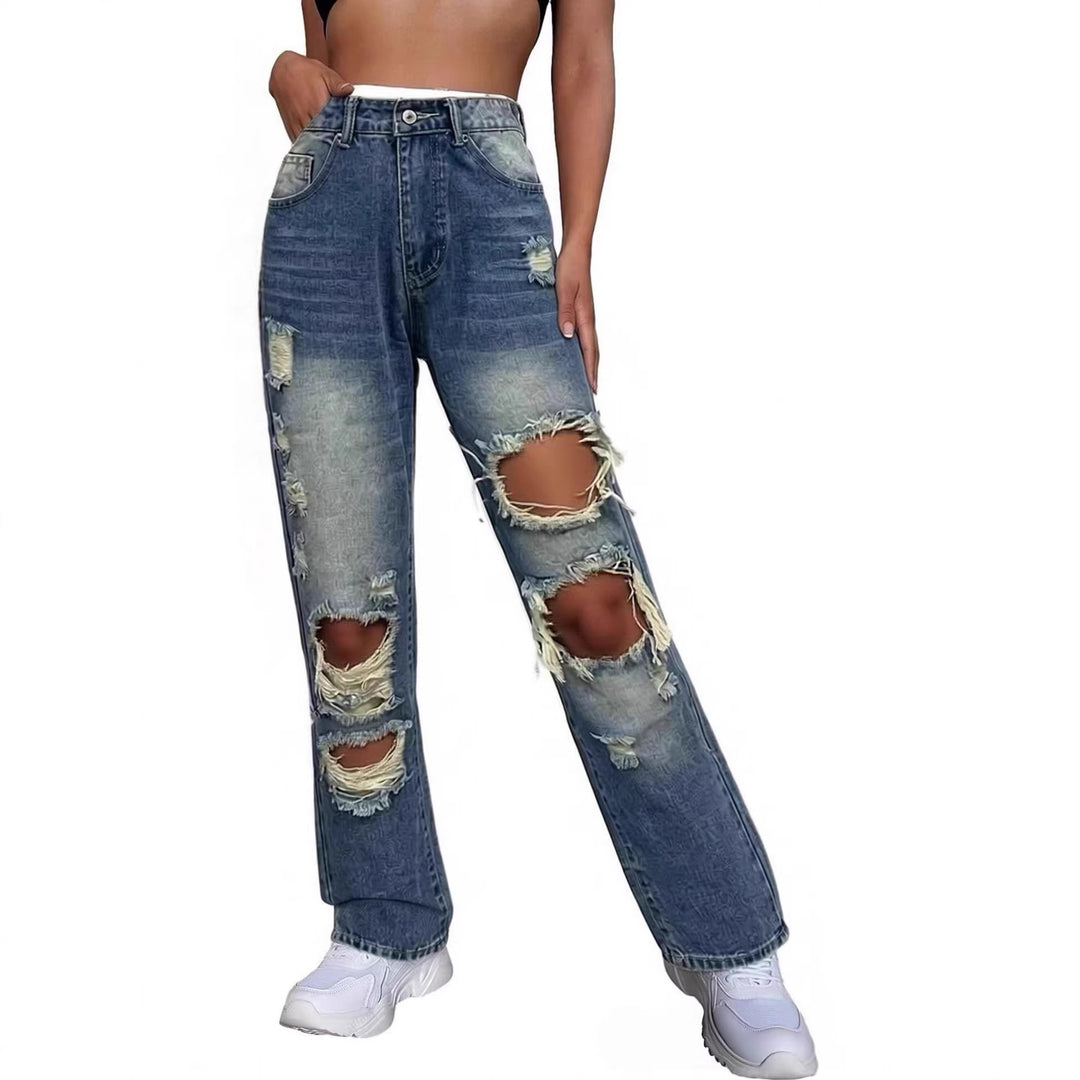Dame afslappede Destroyed Jeans med bred ben og trendy revnedetaljer Skovae