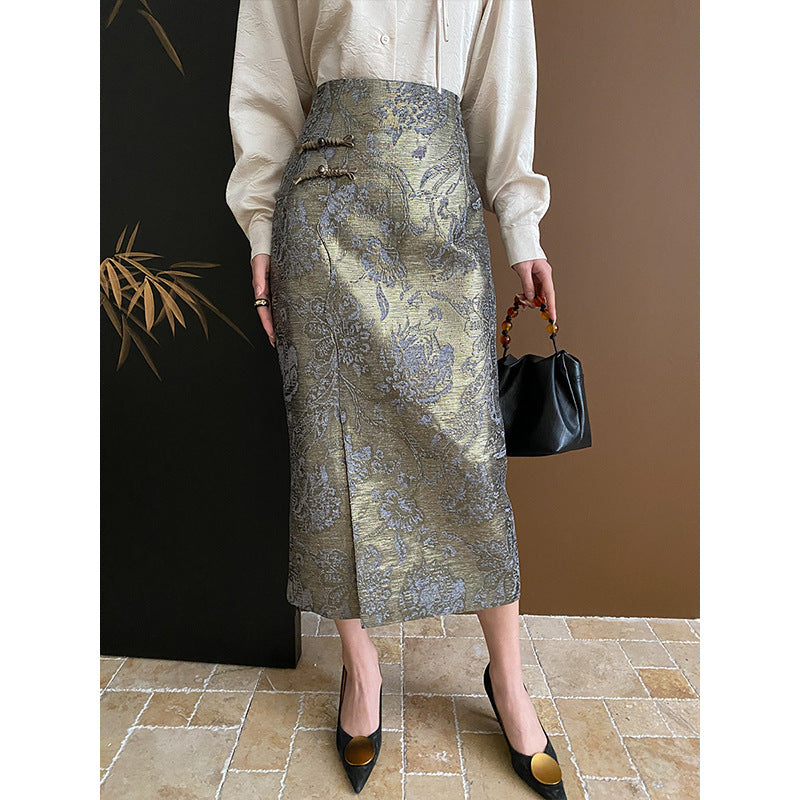 Kvindernes elegante midi-nederdel med blomstermotiver og sideslids Stilla