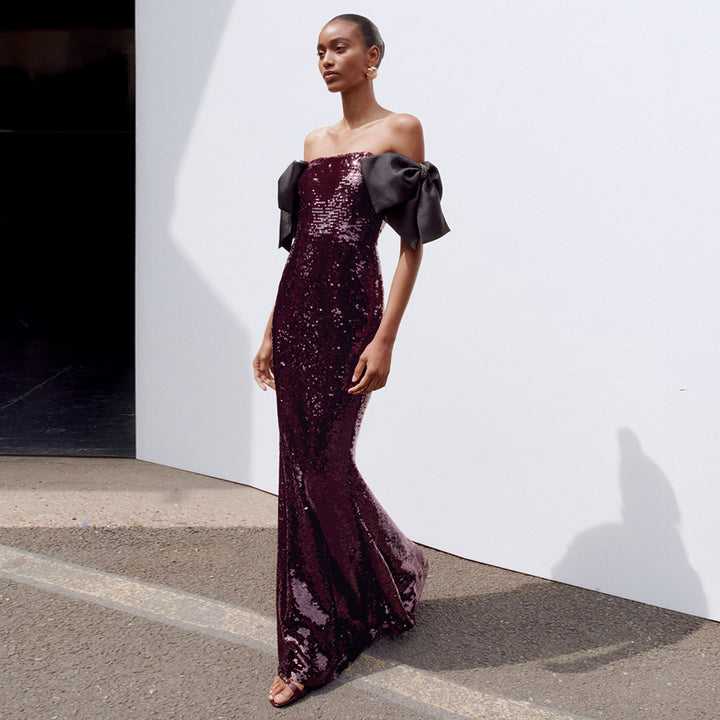 Dame Elegant Paillet-Maxikjole med off-shoulder design og dekorative sløjfer Skovae