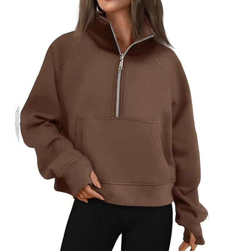 Dame Sporty Sweatpullover med halvdelskning og kængurulomme Stilla