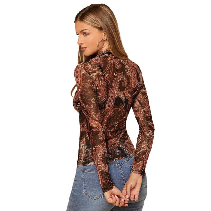Dame Langærmet bodystocking med paisley-mønster og gennemsigtigt stof Skovae
