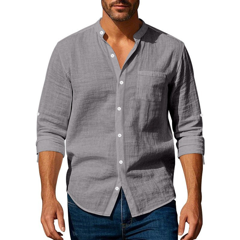Herrer let linned shirt med praktisk ståkrave og brystlomme Stilla