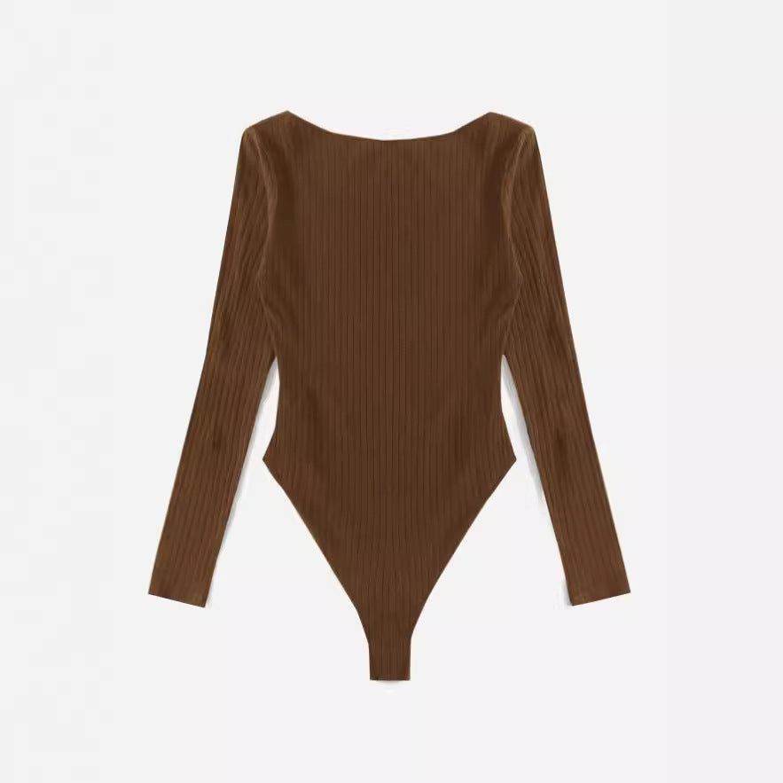 Dame Langærmet Bodysuit med ribstruktur og dyb U-Bootudskæring Stilla