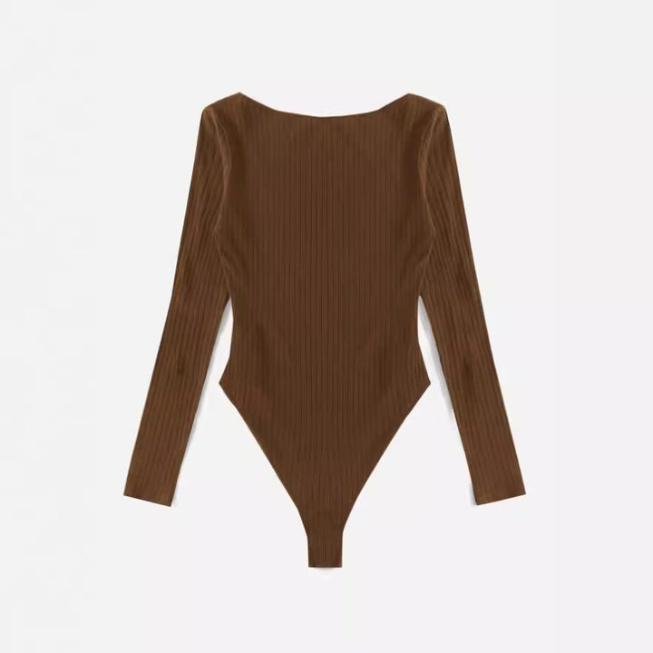 Dame Langærmet Bodysuit med ribstruktur og dyb U-Bootudskæring Stilla