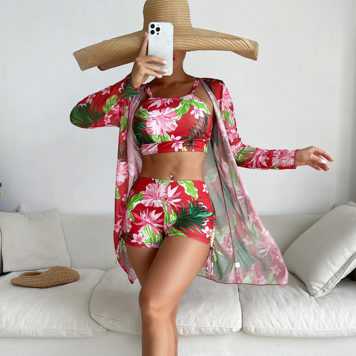 Dame badedragt sæt med blomsterlangærmet overdel og shorts Stilla
