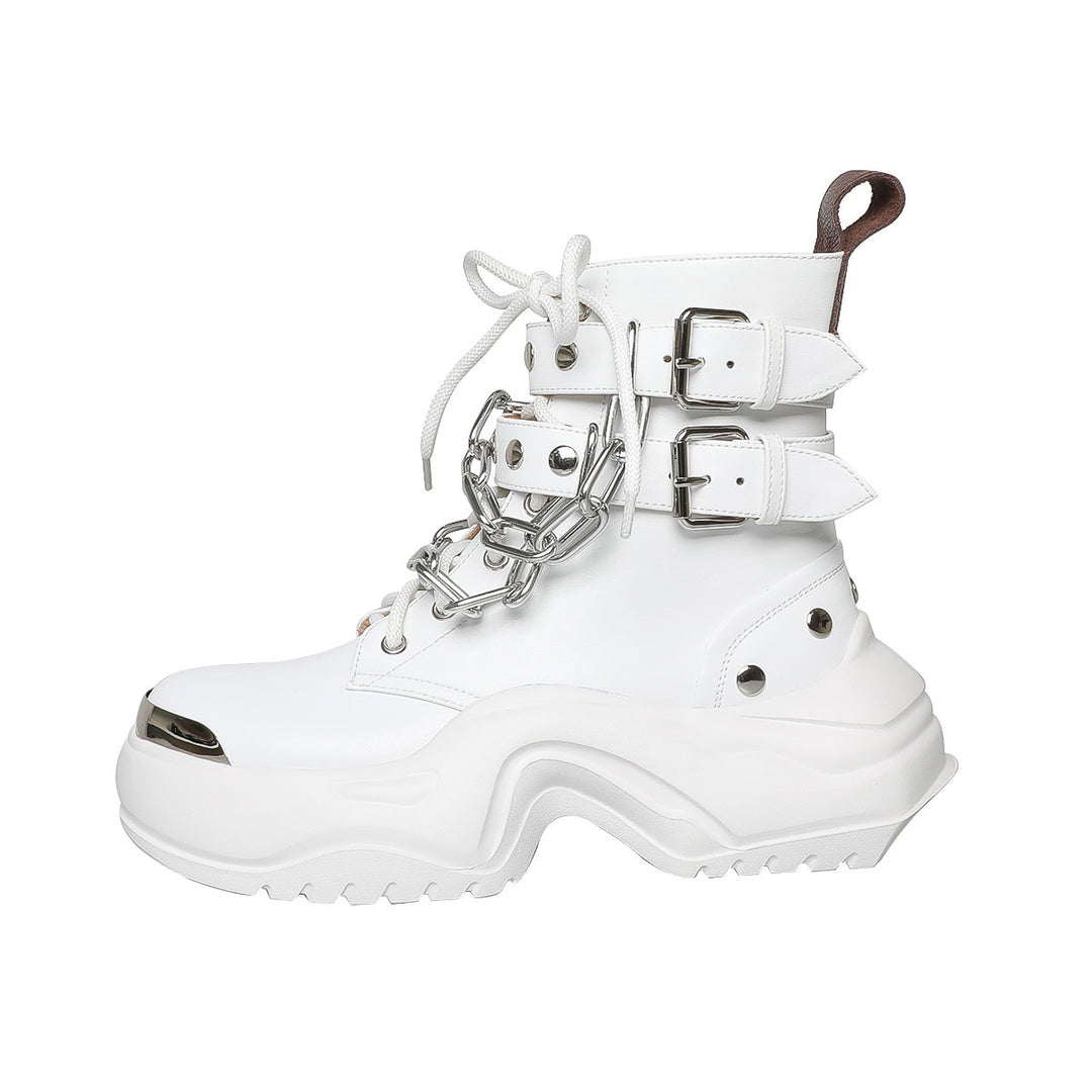 Femme Chunky Platform Combat Boots med dekorativ kæde og quiltede remme Stilla