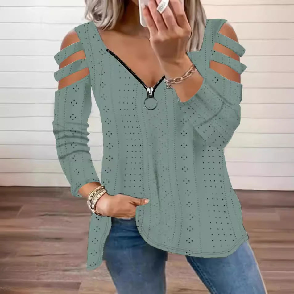 Dame Langærmet t-shirt med trendy cut-outs og praktisk lynlås Stilla