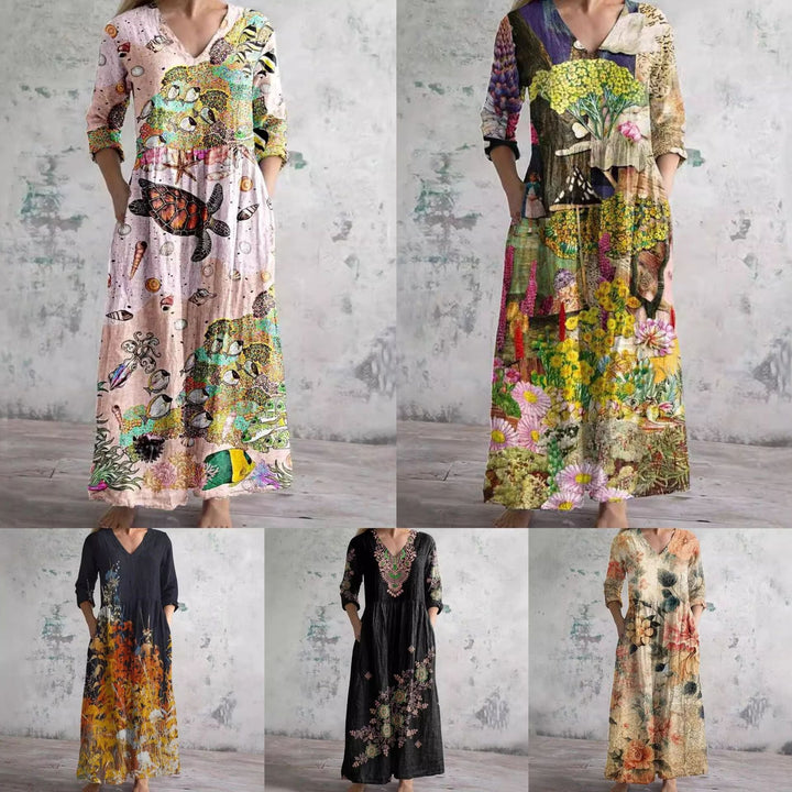 Stilla | Chic Print V-Hals Mellemlang Kjole