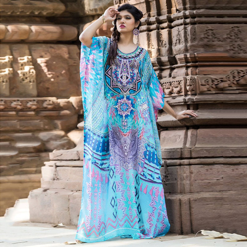 Dame elegant Maxi-Kaftan med kunstnerisk etno-design og sideles slids Stilla