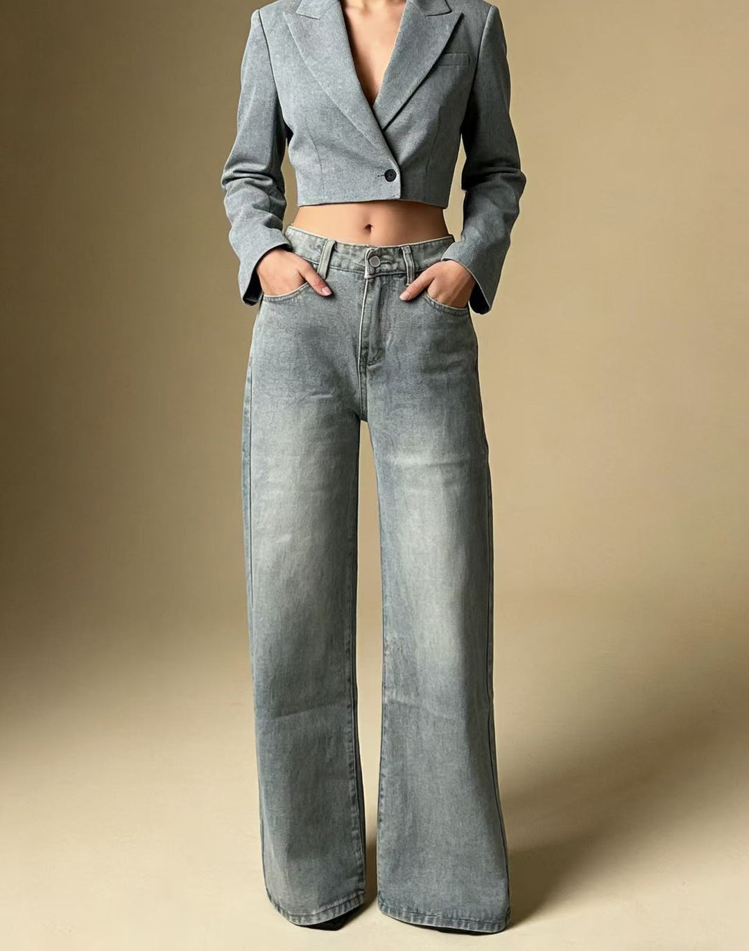 Dame bredde Denim-bukser med vintage-vask og høj talje Skovae