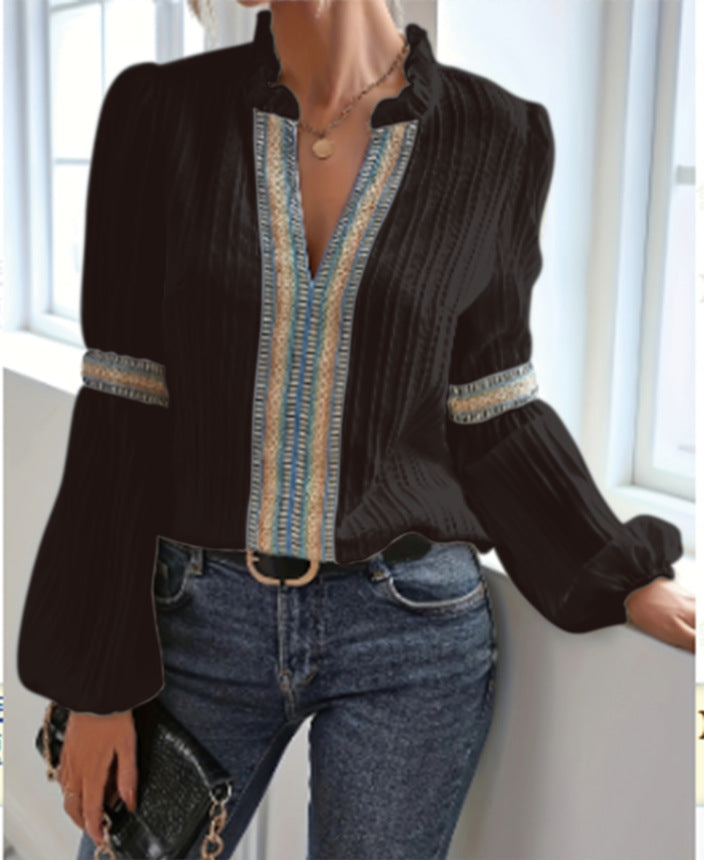Dame elegant bluse med flæse detaljer og dekorative bånd Stilla