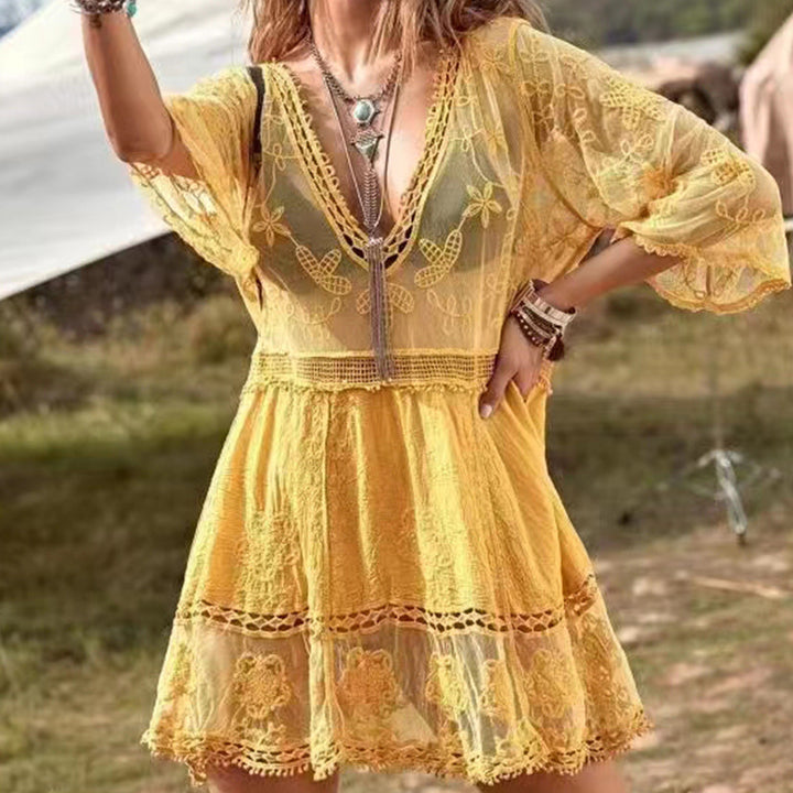 Frau Sommerligt Kaftan-kjole med blomsterbroderi og transparent udseende Stilla